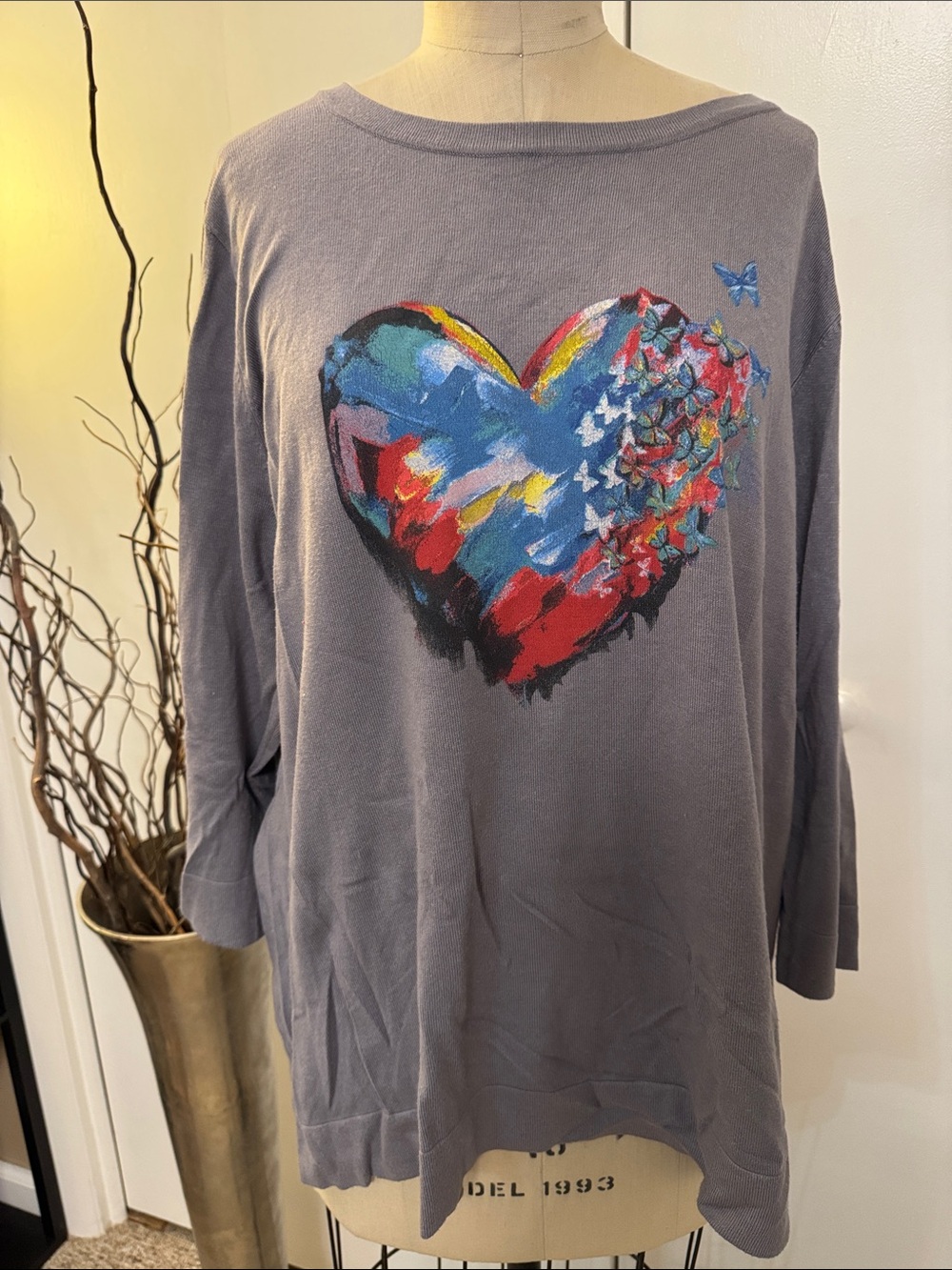 Attitudes by Renee Gray Crewneck Sweater with Colorful Heart and Butterflies